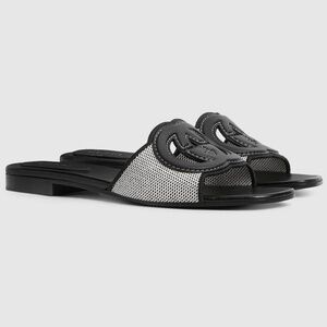 Gucci GG Interlocking Logo Black Leather Canvas Mule Flat Slide Slip Sandal 42